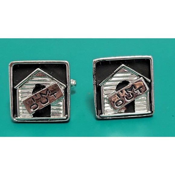 Mens Vintage I'M OUT! of the DOG HOUSE CUFFLINKS Silver Tone Black Enamel HTF